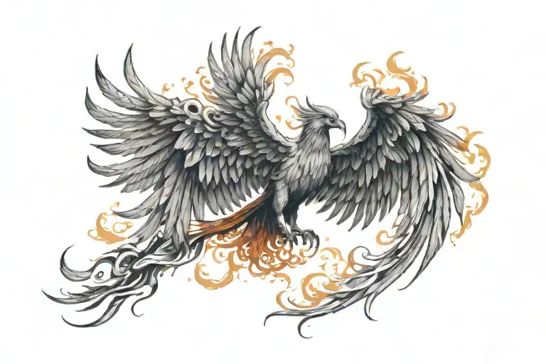 A mythical phoenix rising from the ashes with flames engulfing its wings, symbolizing resilience and strength tattoo design idea
