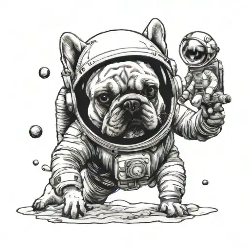 aliens and French bulldog astronaut playing on the moon tattoo design idea