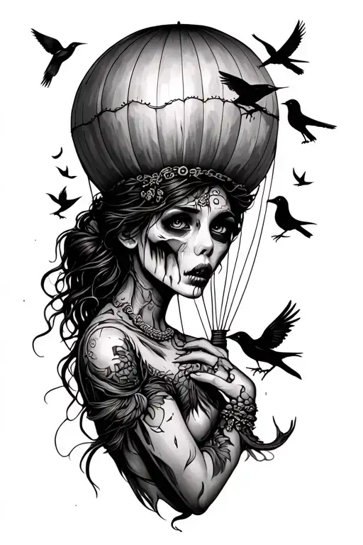 female zombie sleeve tattoo featuring 5 birds and a hot air balloon tattoo design idea
