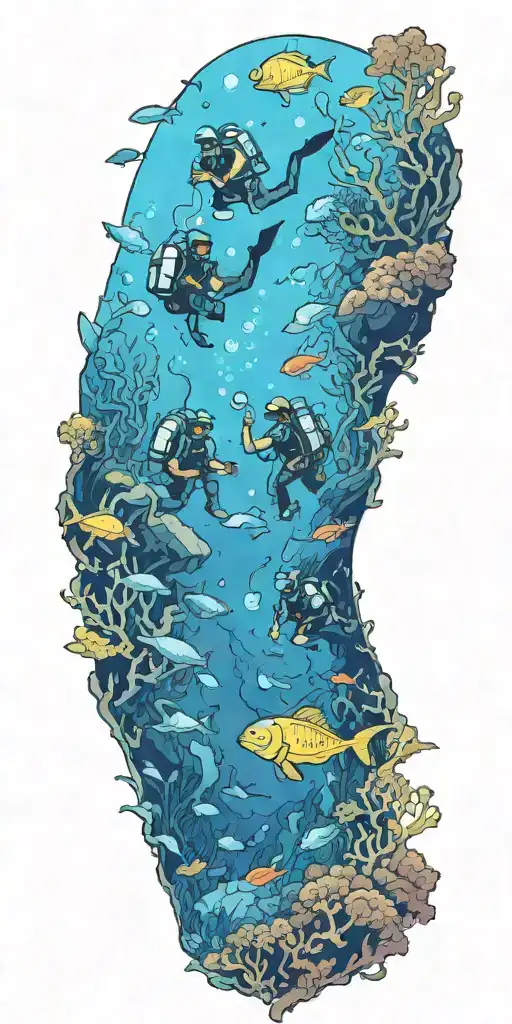 An intricate underwater scene with scuba divers exploring a coral reef tattoo design idea