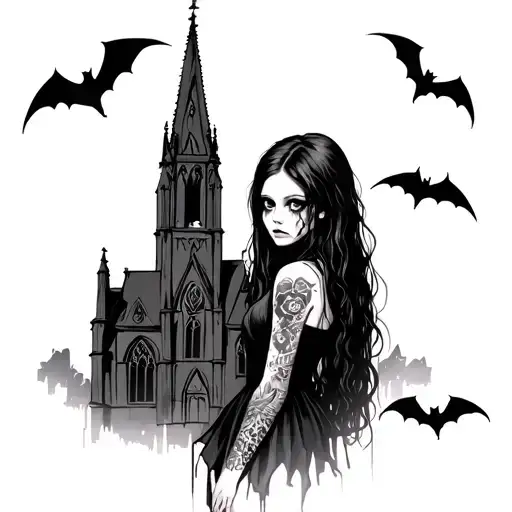 Goth girl with gothic cathedral and bats tattoo design idea