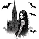 Goth girl with gothic cathedral and bats tattoo design idea