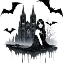 Goth girl with gothic cathedral and bats tattoo design idea