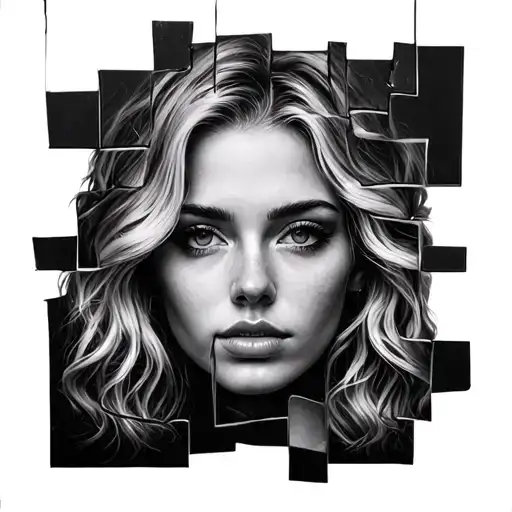 A face of a blonde woman in collage as if romipidenin large pieces of glass tattoo design idea