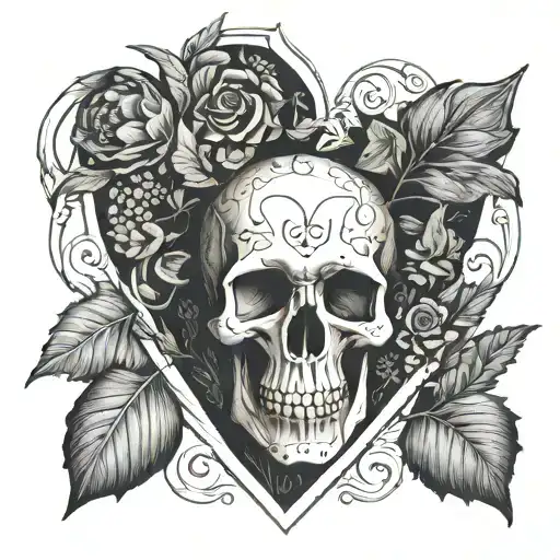 small skull inside heart William morris, Victorian style gothic  geo patern tattoo design idea