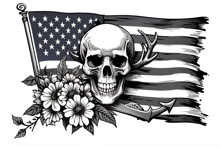 American flag, with skull, anchor, wild flowers and buck tattoo design idea