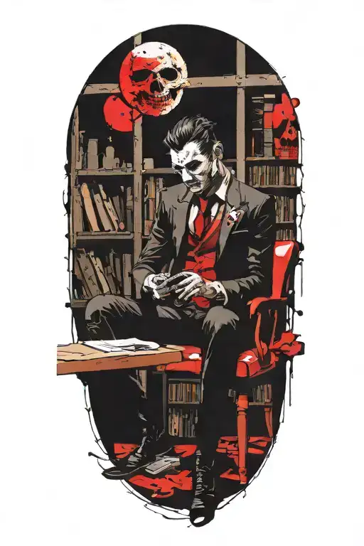 A vampire sitting in an office library. Full moon outside window. Bats  tattoo design idea