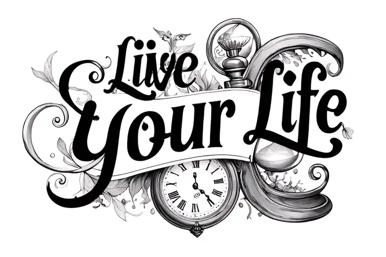 "Live Your Life" "Live Your Life" hourglass and pocket watch background creatures tattoo design idea