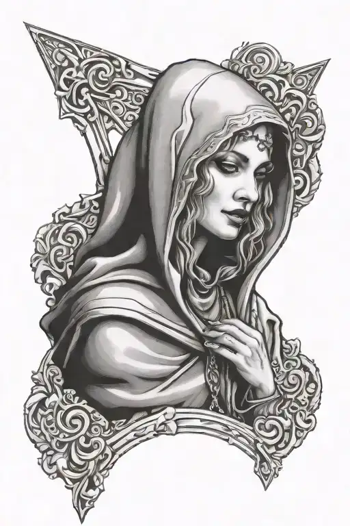 madonna with a hood holding ancross tattoo design idea