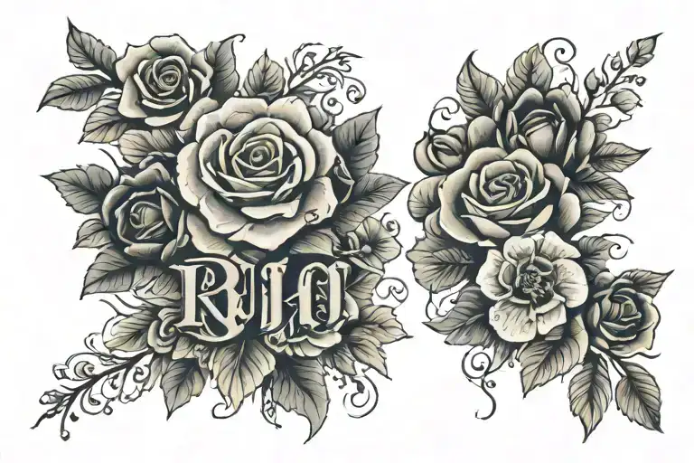 inscription on the hand RUSLAN 10.06.2005 and AYLIN 07.02.2011, transition from to beautiful flowers with shadow. tattoo design idea