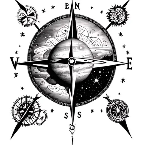 Jupiter and compass surrounded tattoo design idea