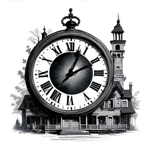 Let it be a big clock and let the clock show 8:25 in the evening, let it be a 3-storey house underneath, let the mother, tattoo design idea