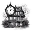 Let it be a big clock and let the clock show 8:25 in the evening, let it be a 3-storey house underneath, let the mother, tattoo design idea