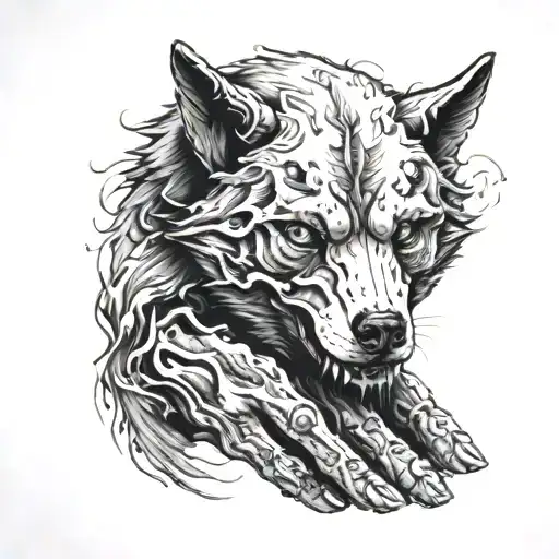 the lower part of the wolf's skull on the hand and fingers so that when the face is covered it would seem that half is from a person and the other half is from a wolf tattoo design idea