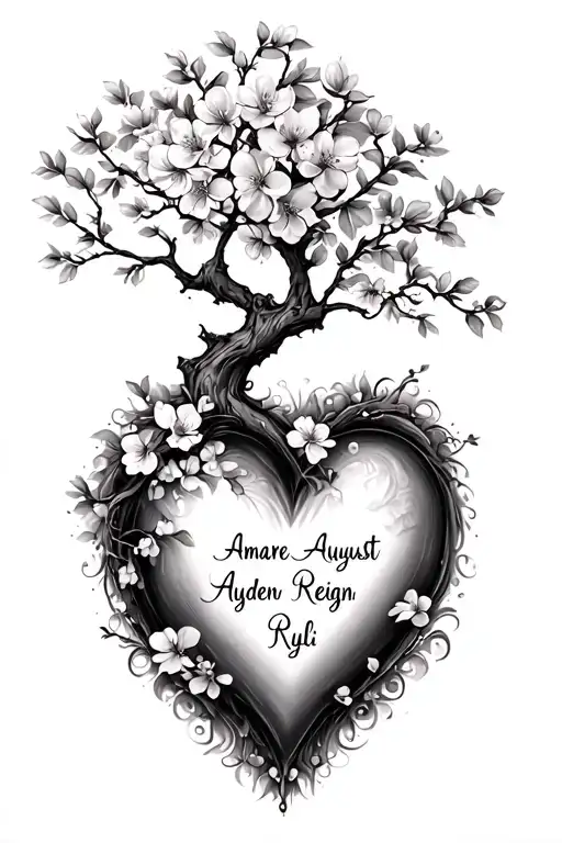 "Amare August Ayden Reign Ryli " can you create a tattoo template with a beautiful cherry blossom tree sprouting from a heart and incorporate the names  tattoo design idea