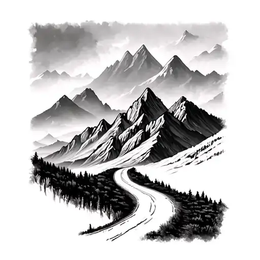 road into mountains tattoo design idea