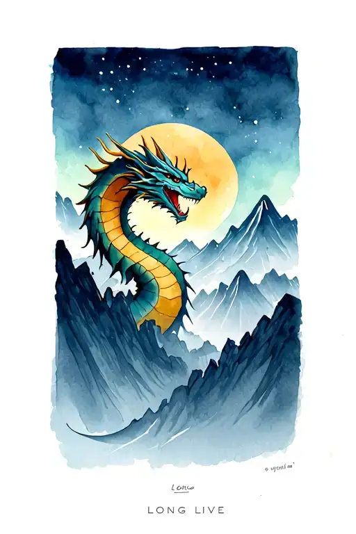 mountains with a dragon and words "long live"  tattoo design idea