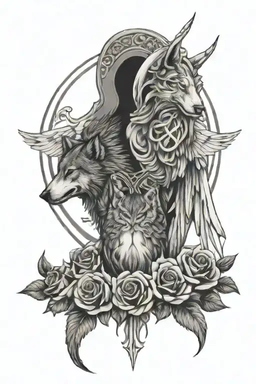 angel wings and halo cross Wolf howling roses entwined says mother tattoo design idea