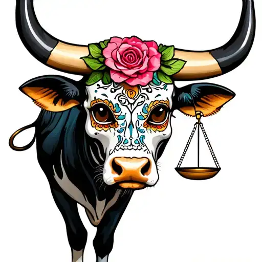 feminine bull with sugar skull markings, brown eyes and two Libra scales and dark background tattoo design idea