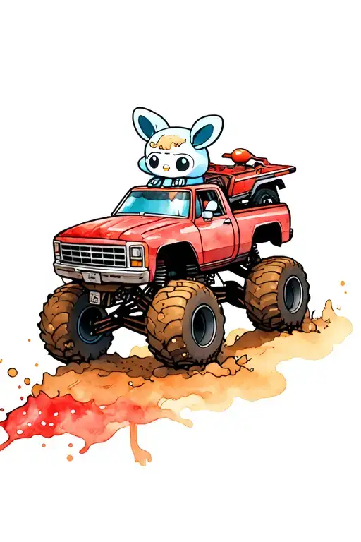cinnamoroll driving a muddy monster truck with a dirtbike in the back, the truck is flexing on a red mushroom tattoo design idea