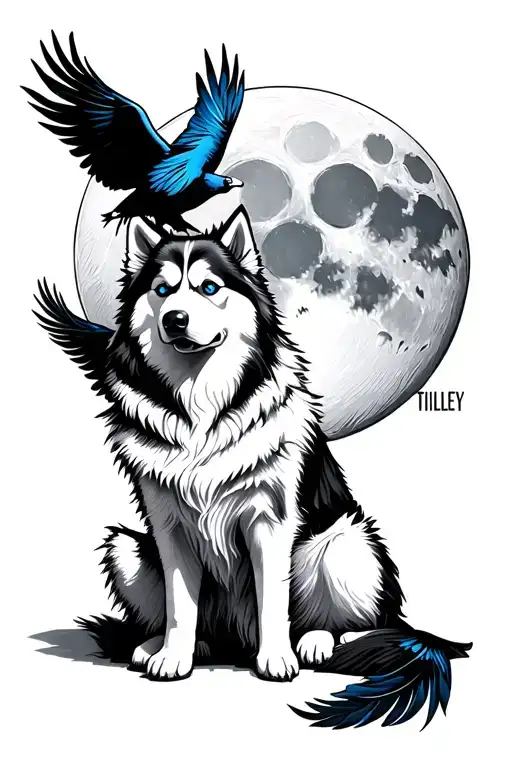 "TILLEY" Feathers turning into Birds and white samoyed husky blue eyed dog sitting i front of moon tattoo design idea