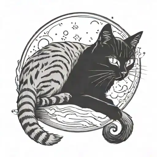 grey tabby and black cat sleeping moon tattoo design idea