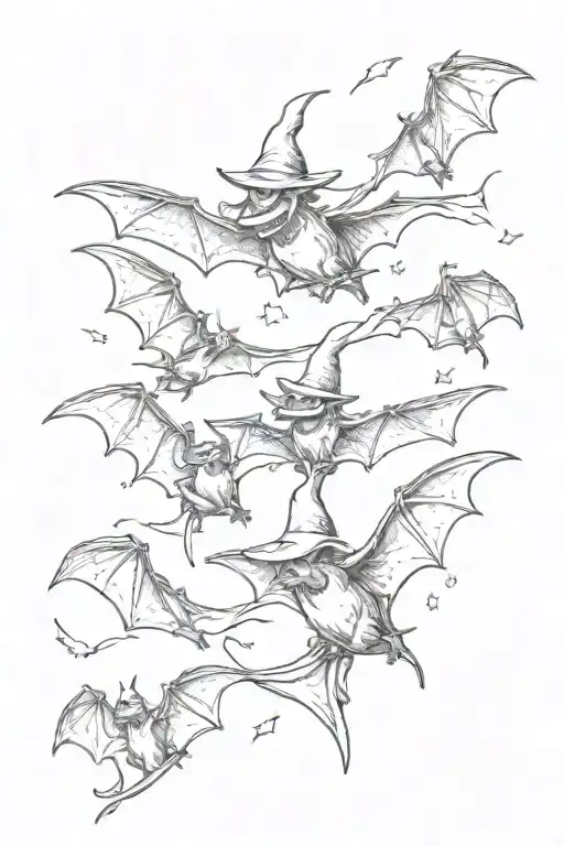 flying bats witches' hats tattoo design idea