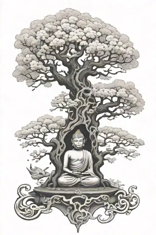 tree of life and buddha vs tengu tattoo design idea