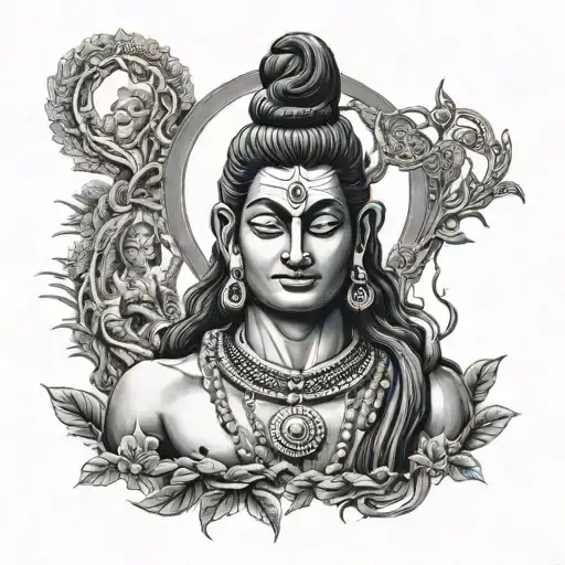 Tree branches create lord Shiva's calm look with third eye open tattoo design idea