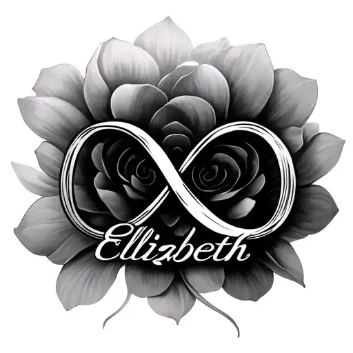 Create an elegant tattoo design featuring an infinity symbol seamlessly blended with the name 'Elizabeth' in a stylish c tattoo design idea