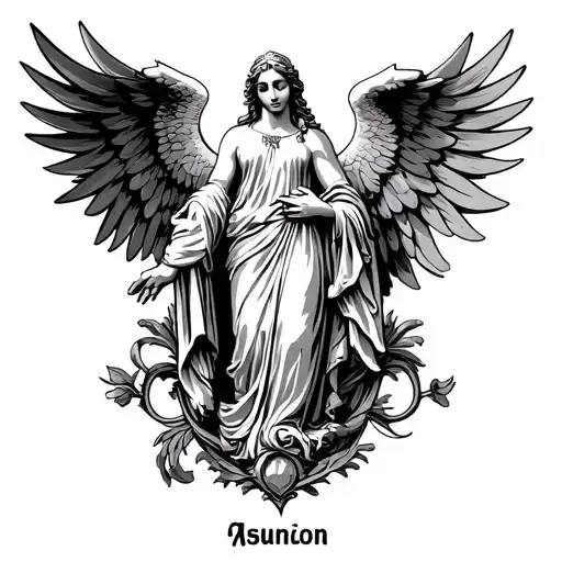 Eros (god of love) represented in the top, in the middle the asuncion virgin, and in the bottom this word "حب" tattoo design idea