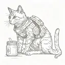 a cat with cute eyes, a jet armor on his back, in one paw he holds a bottle of milk, and in the other cat food tattoo design idea