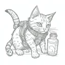 a cat with cute eyes, a jet armor on his back, in one paw he holds a bottle of milk, and in the other cat food tattoo design idea