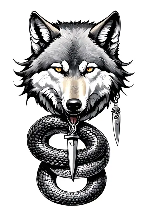wolf, knife necklace, snake tattoo design idea