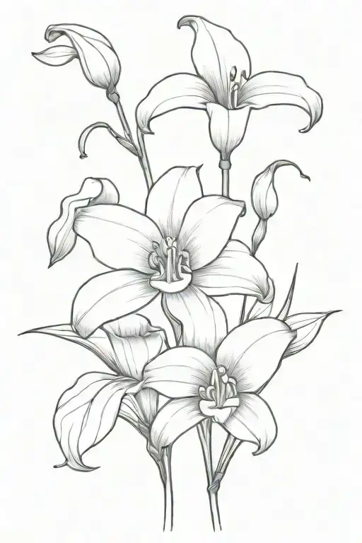 Create a tattoo with black orchid, calla lily, and daisy in a balanced, minimalistic bouquet with black-and-grey shading tattoo design idea