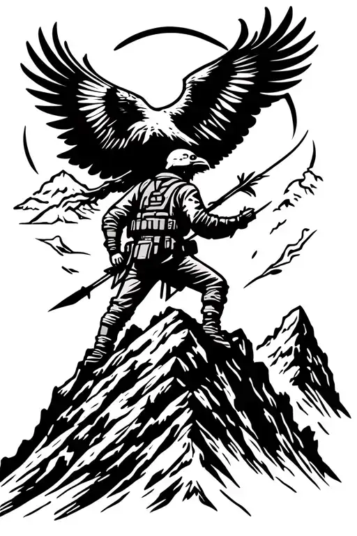 A soldier silhouette standing on a mountain peak with an eagle flying overhead and an arrow in hand tattoo design idea
