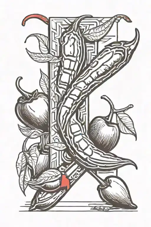 a red Chilli peper, beneath that a chocolate bar and beneath that 2 cherries. tattoo design idea