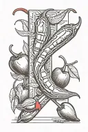 a red Chilli peper, beneath that a chocolate bar and beneath that 2 cherries. tattoo design idea