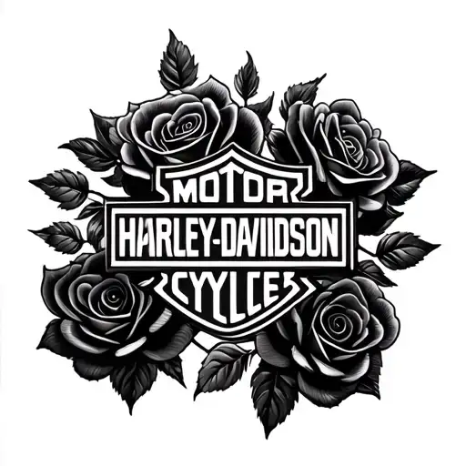 a black realistic shaded Harley Davidson logo with three soft  shaded roses around it tattoo design idea