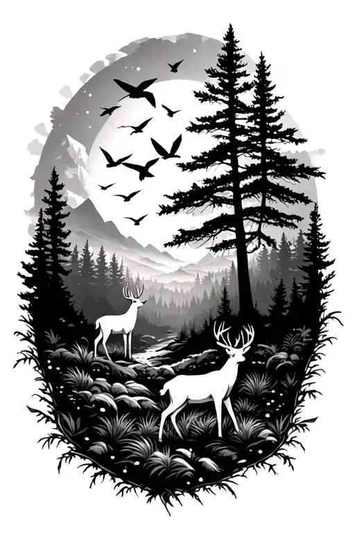 forest scene featuring deer and birds flying away tattoo design idea