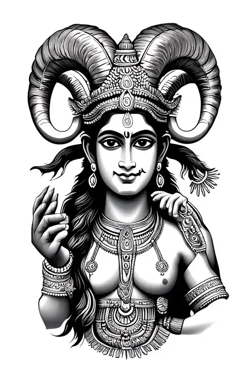 A band tattoo design which has a ram, Kailash mountain, Hanuman'sgadhaand s gadhaand , Krishna tattoo design idea