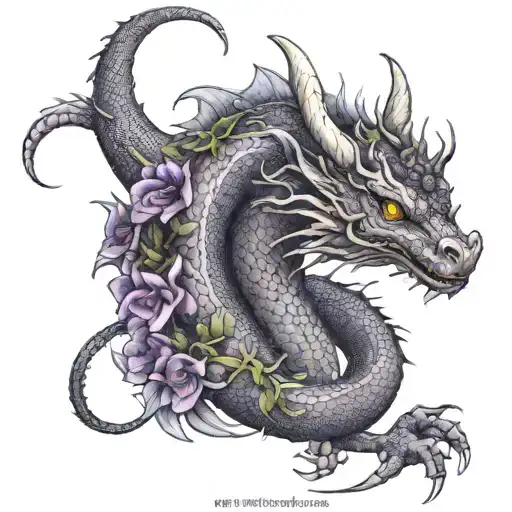 full length Dragon with purple flowers wrapping tattoo design idea