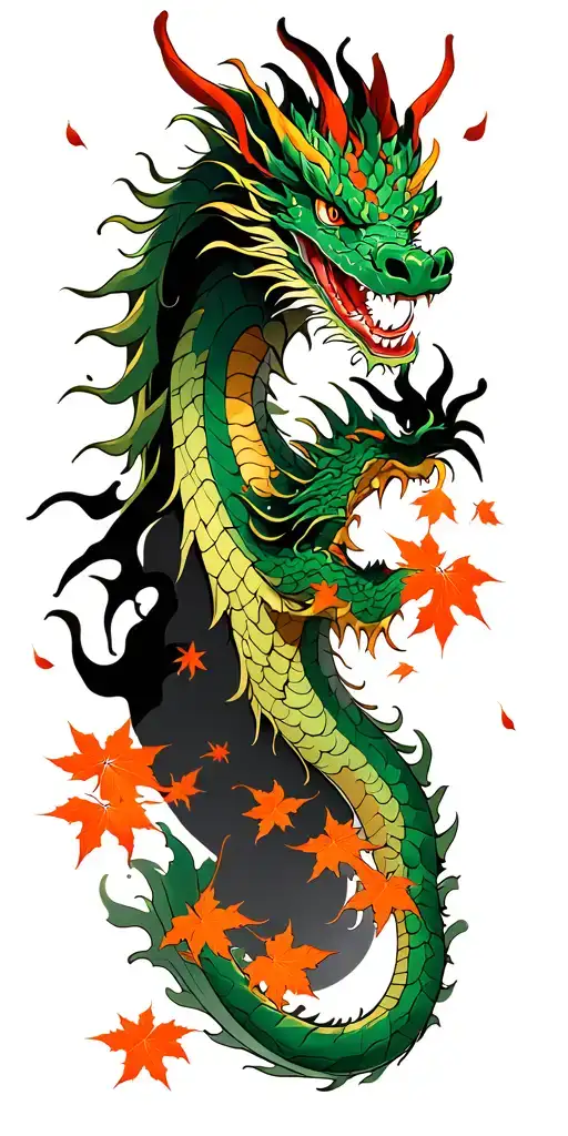 green dragon black background and orange leaves falling tattoo design idea