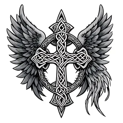 Celtic cross with demon wing being left wing and angel wing being right wing tattoo design idea
