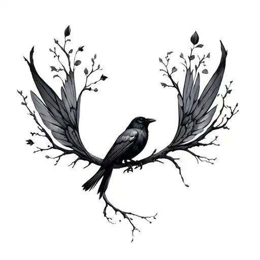 1 black crow earthy feminine fairy wings in tree tattoo design idea