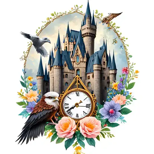 Hogwarts castle with flowers around the bottom, include buckbeak, time turner, wand, deathly hallows, phoenix, hedwig tattoo design idea