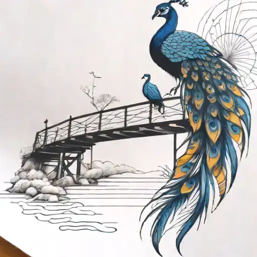 black and white wooden bridge with colorful peacock feather  tattoo design idea