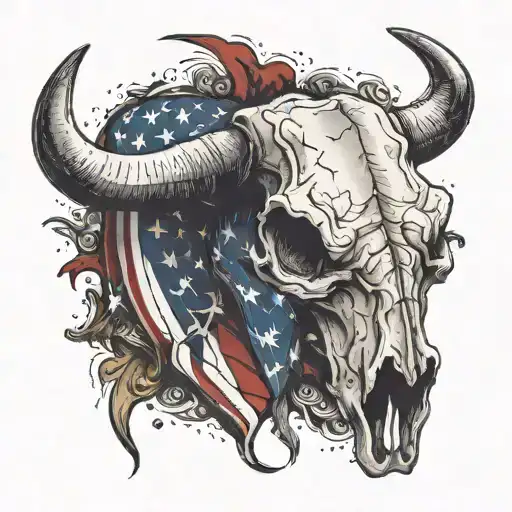 cracked and shaded long horn cow skull with the american and colombian flag on it  tattoo design idea