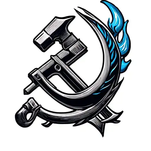 Red, Communist hammer and sickle, flammes bleues et tattoo design idea