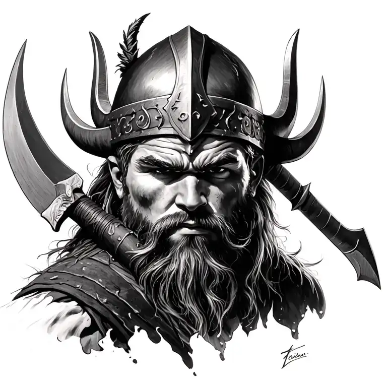 realistic Viking warrior wielding tattoo design idea